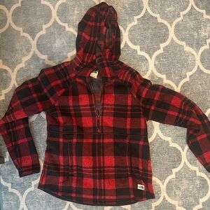 North Face Plaid Red and Black Hooded Pullover Size M
